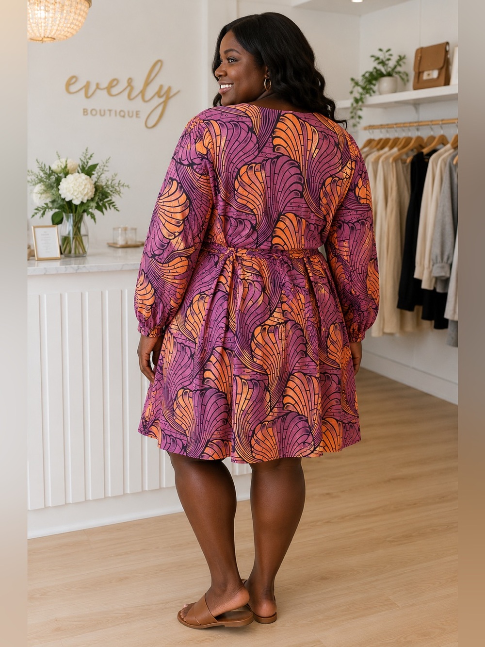 Ray Darten African Print Dress Purple & Orange Long Sleeve Drawstring Dress 4X - Picture 4 of 8